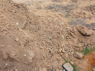 The excavated earth at the construction site. Sand. Digging a trench. Background 