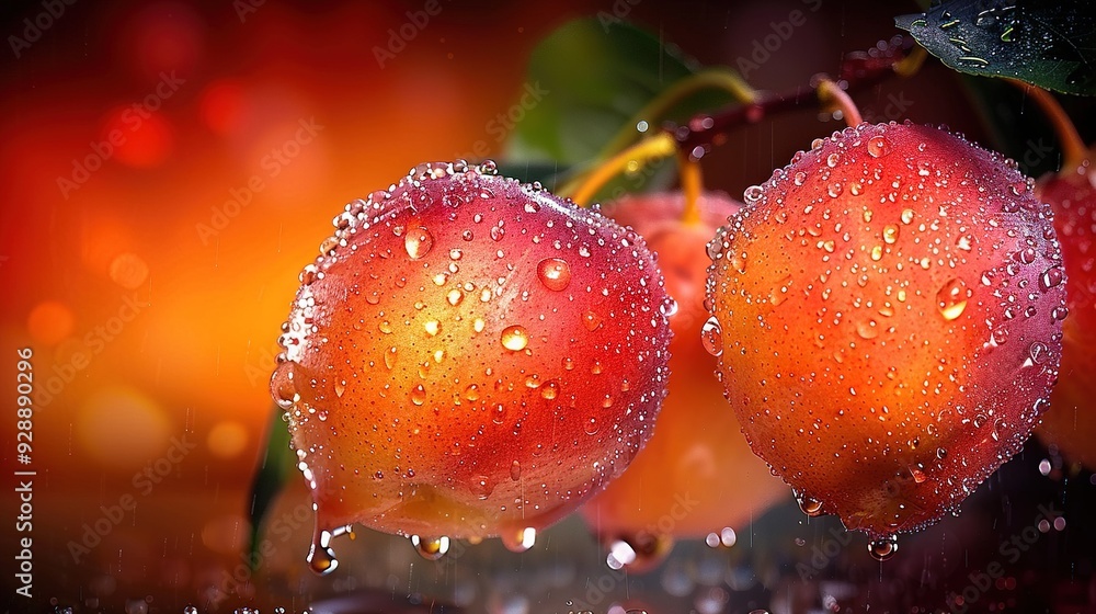 Aufkleber two apples on a branch with water droplets on them and a crisp background