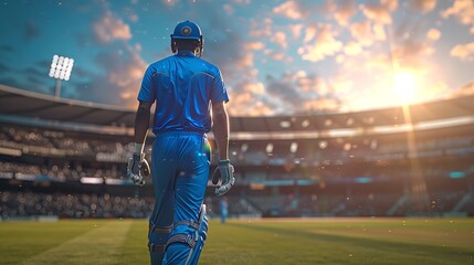 Cricket player ready in stadium, wide banner with copy space.