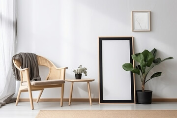 Modern living room interior with furniture and empty photo frames mockup