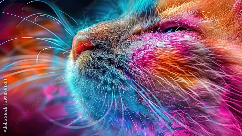 Poster   A high-resolution close-up image of a cat with intricate multicolored fur patterns on its face