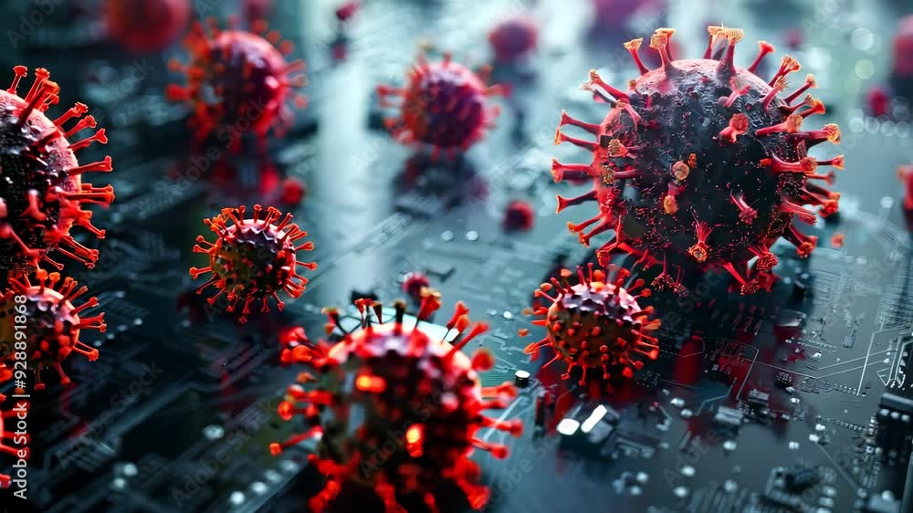 Poster observing the spread of coronavirus particles across a computer circuit board