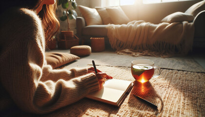 A person journaling in a cozy, sunlit room with a cup of herbal tea beside them. The scene exudes warmth and calm, with soft furnishings and natural light creating a comforting environment
