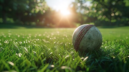 Generating Stock with a cricket ball on top of a cricket bat on green grass