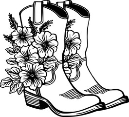 Western boots doodle outlines. Floral cowboy boots line art illustration