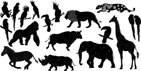 African animals and birds set Natural Look Black Vector Silhouette Design Element