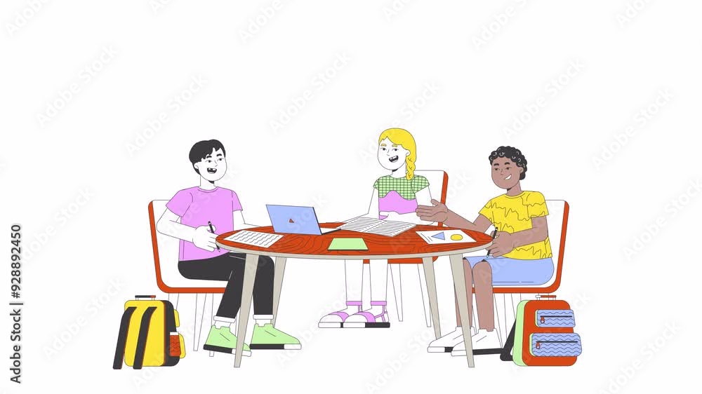 Poster diverse children discussing project line 2d characters animation. pre-school classmates flat color c