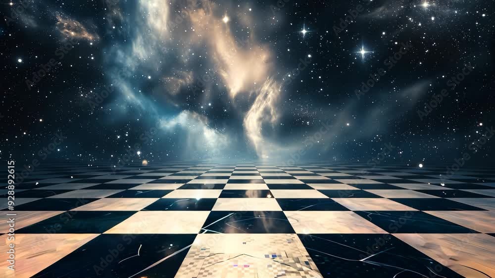 Poster checkerboard floor extending into colorful nebula clouds