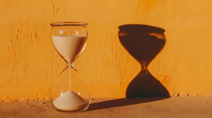 Elegant hourglass casting a shadow on a vibrant orange wall, symbolizing the passage of time and life's transient moments.