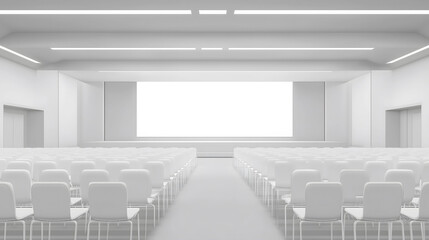 Large empty conference room with chairs and a blank projection screen
