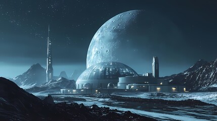 Futuristic lunar landscape featuring a large dome structure and towering spire under a massive moon. Ideal for sci-fi themes.