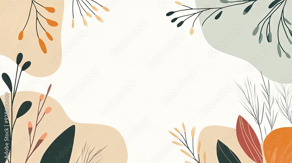 Poster whimsical abstract art with colorful leaves and playful patterns on a beige backdrop