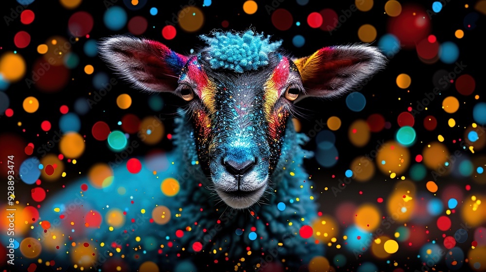 Poster a close-up of a sheep with multicolored patterns on its face and ears