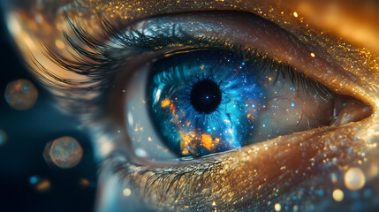 Woman eye reflecting universe galaxy showing mystery and wonder