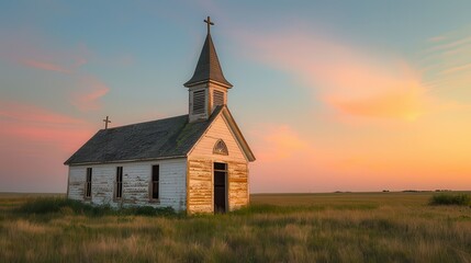 Fototapeta premium Chapel in the Countryside. Old White Wooden Church on Prairie at Sunset