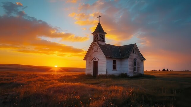 Chapel at Sunset: An Old White Wooden Church in Rural Prairie Landscape