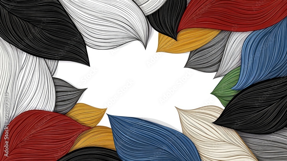Poster whimsical abstract art with colorful leaves and playful patterns on a beige backdrop