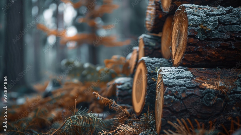 Poster a stack of logs sits in a forest clearing, surrounded by trees and foliage