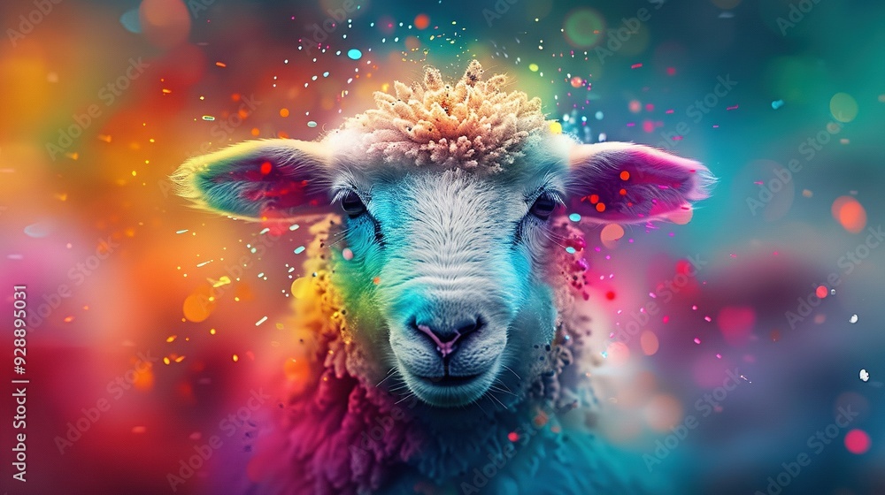 Poster close-up portrait of a sheep with colorful splatter marks on its fluffy coat
