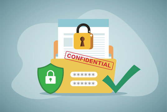 Yellow folder with confidential documents. Sensitive data and information. Data protection. Secure account, profile login and password. Paperwork in office. Flat vector illustration