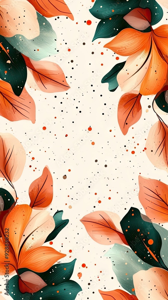 Poster whimsical abstract art with colorful leaves and playful patterns on a beige backdrop