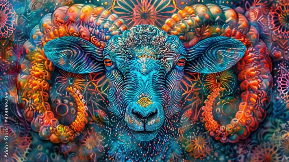 Poster a vivid portrait of a sheep's head adorned with intricate patterns and surrounded by numerous circul