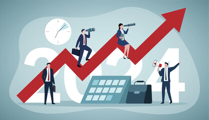 Fototapeta premium Business team seeking new opportunities. Leadership, global vision, business development.Growth chart, future achievement. 2024 business goals concept. flat vector illustration