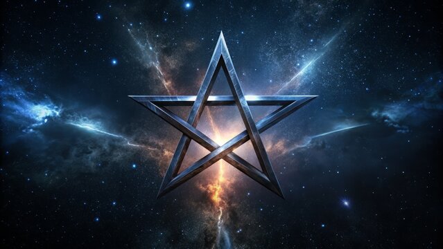 Dark, mystical, and ominous, a foreboding five-pointed star with horns and pointed tips emits an eerie, pulsing glow against a black, starry night backdrop.
