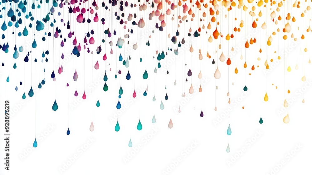 Poster a cascade of colorful dots resembling raindrops, dynamically falling on a pure white backdrop for an