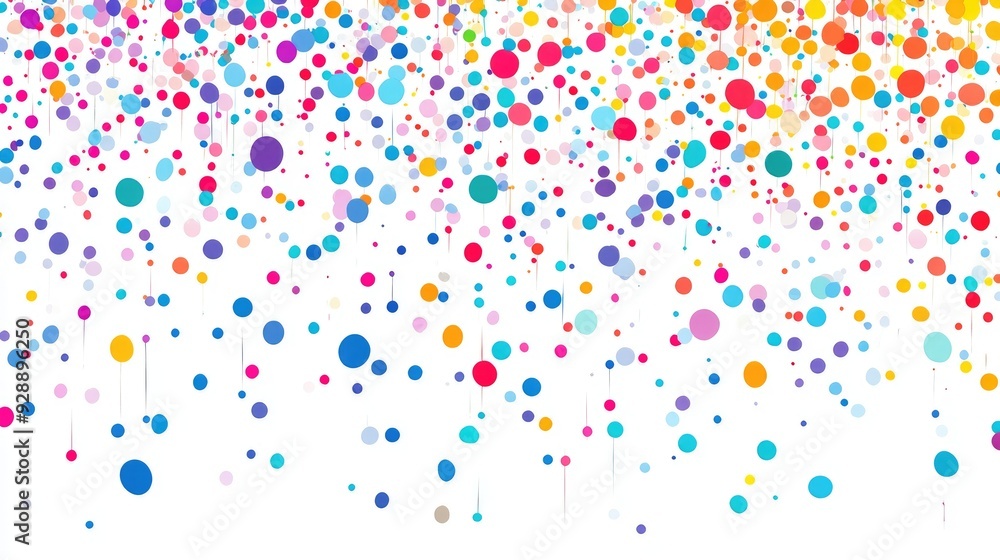 Poster a cascade of colorful dots resembling raindrops, dynamically falling on a pure white backdrop for an