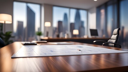 A desk with a large piece of paper on it and a chair in the background