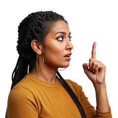 Side View of a Young Woman with Braided Hair Pointing Upward While Wearing a Mustard Colored Sweater, Index Finger, Against a White Background.