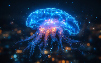 Fototapeta premium Neon Blue Brain-Jellyfish: AI Symbolism in 3D