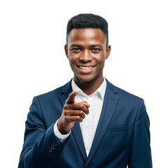 A confident Black Businessman in a Blue Suit Points Directly at the Viewer, Front View, Index Finger, Engaging Smile, Studio Portrait on a White Background