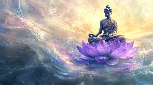 Abstract Buddha meditating on a radiant purple lotus amidst swirling clear water, evoking calm and spiritual serenity