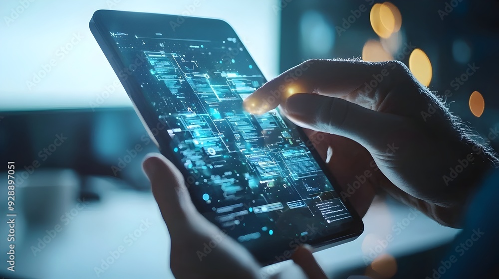 Poster closeup hand using smartphone with futuristic digital mobile interface