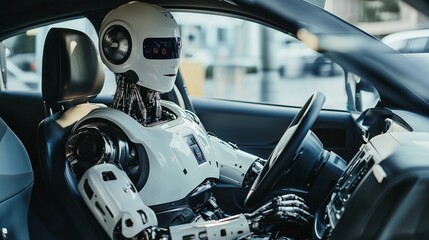 Fototapeta premium AI Robot Driver in Autonomous Vehicle, self-driving car, robot chauffeur, AI in transportation, robotic driver, autonomous driving technology, AI car systems, Generative AI