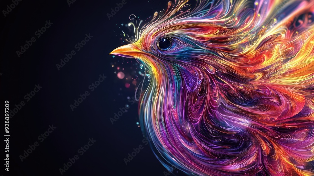 Poster abstract colorful bird with swirling 3d feathers against a dark backdrop, creating a visually striki
