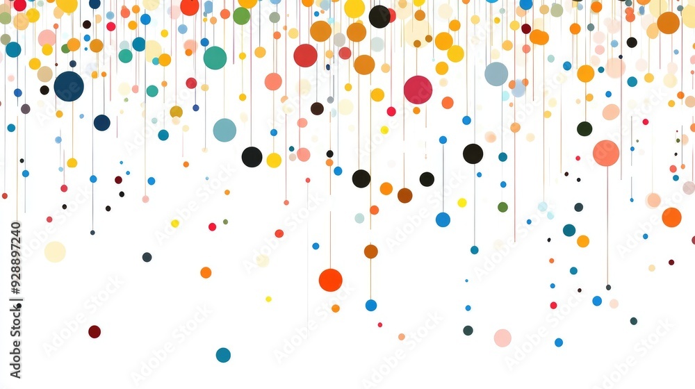 Poster abstract colorful dots raining down, creating a dynamic pattern on a clean white background, perfect