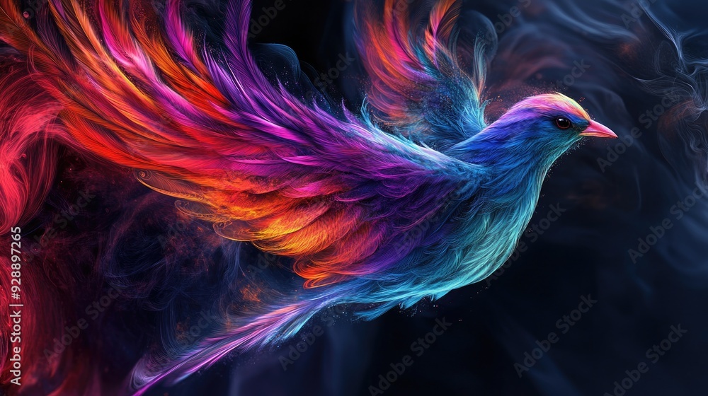 Poster abstract colorful bird with swirling 3d feathers against a dark backdrop, creating a visually striki