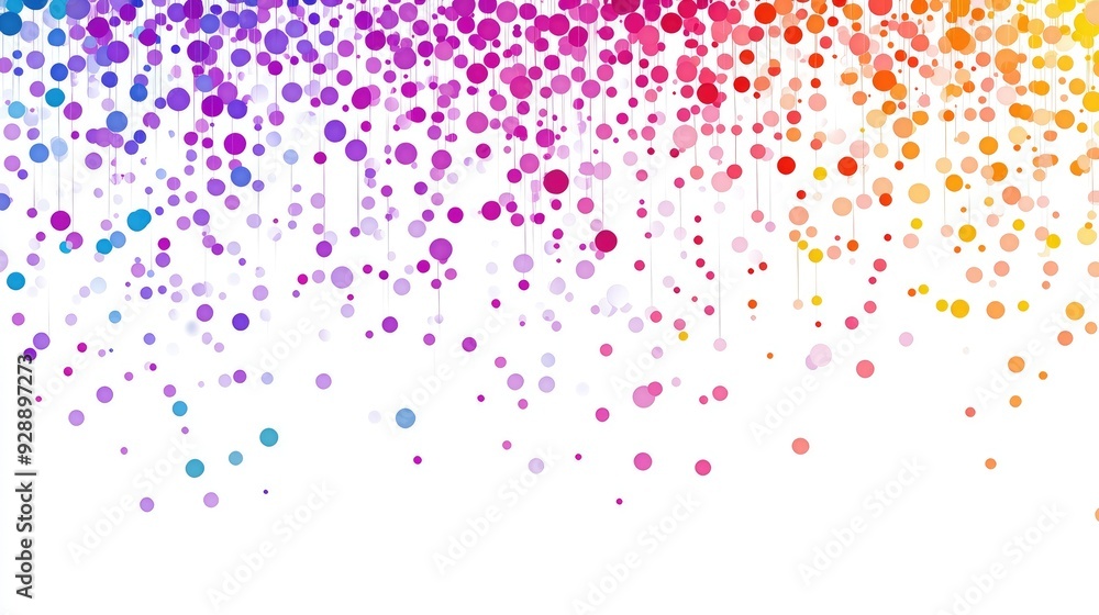Poster abstract colorful dots resembling raindrops, falling in a dynamic pattern on a white background, cre