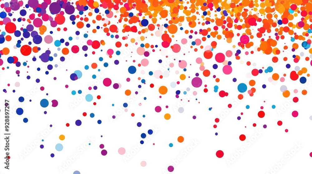 Poster abstract colorful dots resembling raindrops, falling in a dynamic pattern on a white background, cre