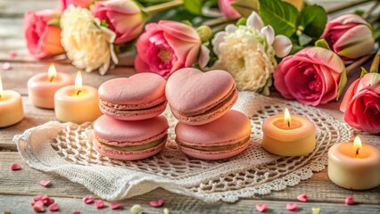 Naklejka premium Delicate heart-shaped macarons adorn a vintage lace tablecloth, surrounded by candles and fresh flowers, creating a romantic and intimate ambiance for a sweet Valentine's treat.