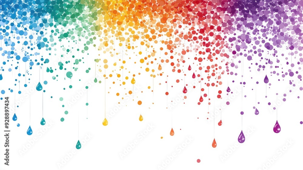 Poster abstract colorful raindrop-inspired design with vibrant dots cascading down on a white background
