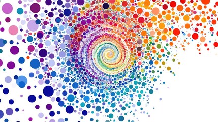 Abstract colorful spiral of polka dots on a white background, blending vibrant hues in a playful design