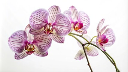 Delicate, intricate outline of a exotic orchid flower with curved petals and stem, set against a soft, white background for a subtle contrast effect.