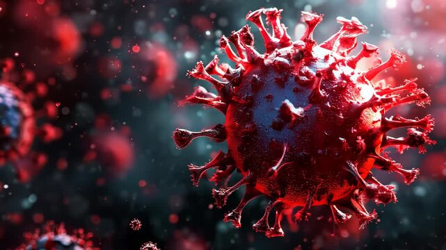 Red virus spinning with particles floating around