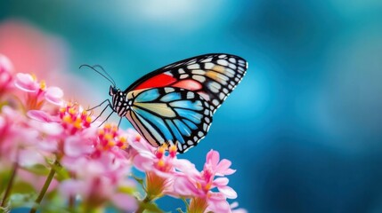 A vibrant butterfly perched on beautiful pink flowers, showcasing nature's colorful beauty in a serene environment.