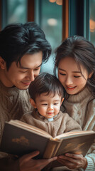 Portrait of a happy asian family father mother and son reading education book together at home.