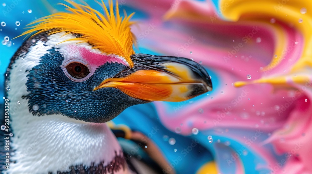 Poster a close-up of a colorful bird with water droplets on its face against a gradient backdrop in shades 